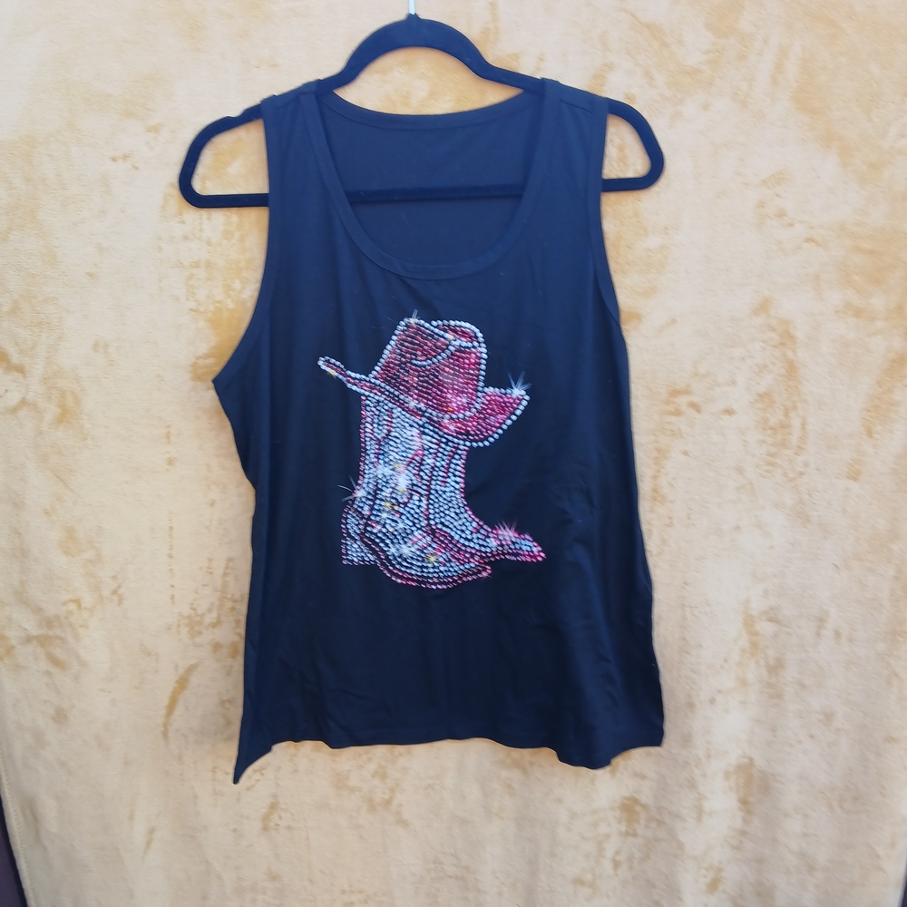 Black Tank Top with Rhinestone Cowboy Boot Design